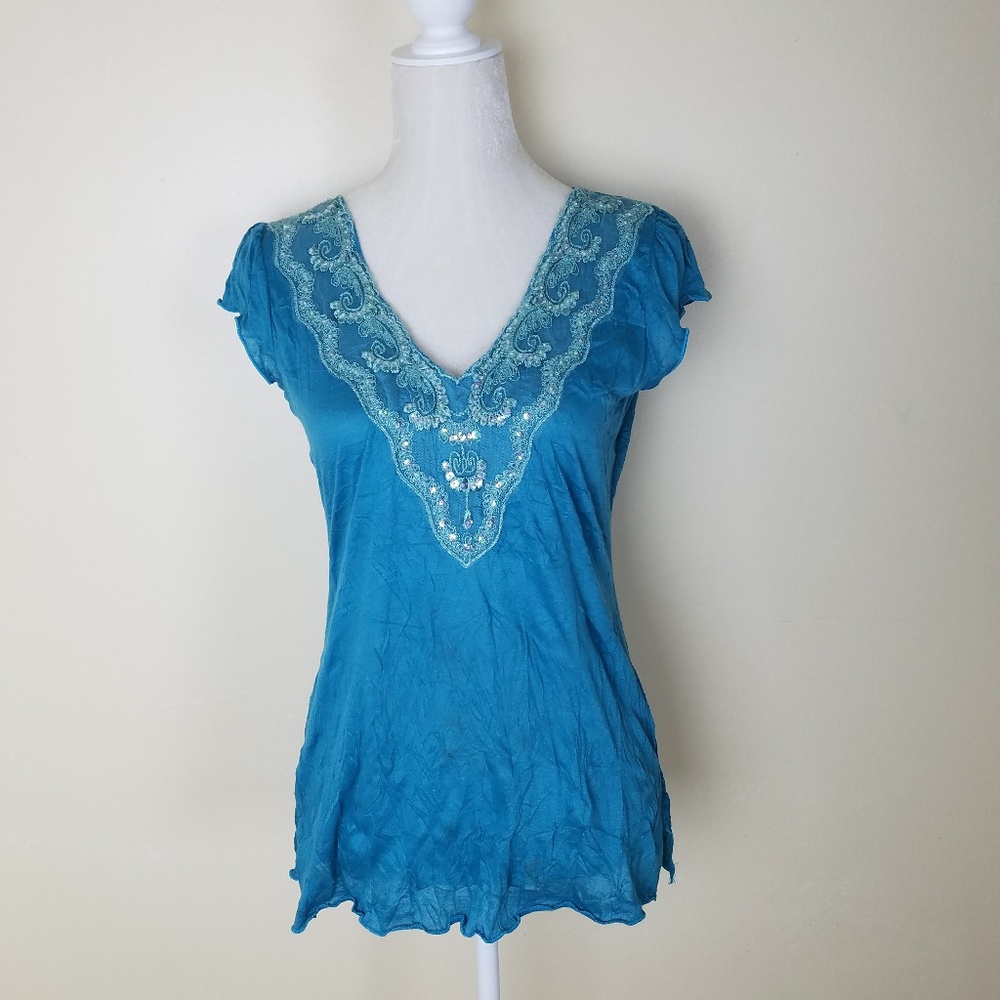 Pearl Star Embelished Cap Sleeve T Shirt Large